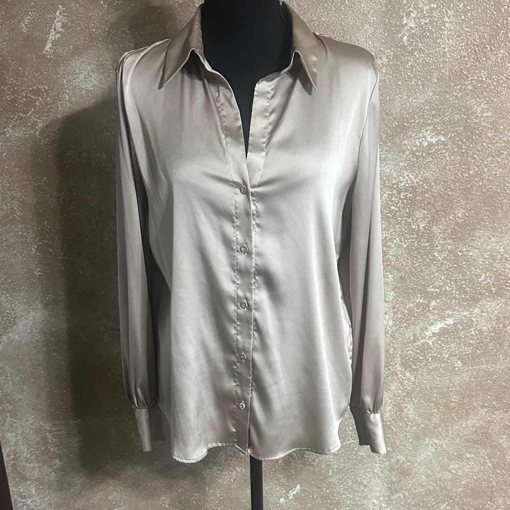 White House Black Market Satin Button-Down Shirt - Taupe
